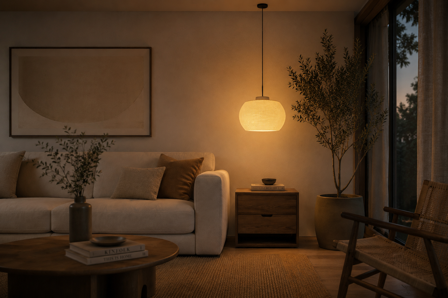 Living cálido con lámpara encendida